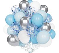 Blue White Silver Balloons, 60 Pcs 12 Inch Light Blue Matte Pastel Blue Metallic Silver With Confetti Blue Silver Latex Helium For Decoration Birthday Wedding Party Baby Shower