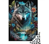 Blue Wolf Fantasy Art Puzzle for Adults & Age 14 Up Floral Wolf Painting Fun Present & Activity for Home Gift 52x38cm 1000pcs