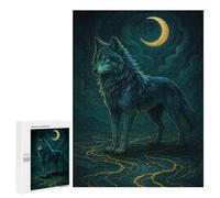 Blue Wolf Under Crescent Moon, 500 PCS Puzzle De Table pour Adultes, Cadeau pour Passionné De Puzzles; pour Les Couples, Amis Et Familles