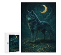 Blue Wolf Under Crescent Moon : Activité Décorative, 300 PCS Puzzle pour Adultes, pour Jouer Seul Ou À Plusieurs