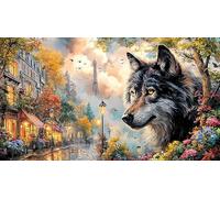 Blue-Wolf-Under-Orange-Moon Jeux éducatifs 1000 pièces Puzzle pour Adultes Décoration Murale et Cadeaux Beau Puzzle de décoration pour Adultes et Enfants 38x26/1000 pièces