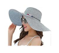 (blue) Womens Wide Brim Straw Hat Floppy Foldable Roll up Cap Beach Sun Hat UPF 50+