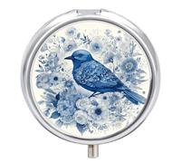 Bluebird and Flowers Pilulier rond à 3 compartiments avec miroir - Petit pilulier de voyage - Joli organisateur de vitamines - Portable - Pour sac à main