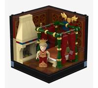 BlueBrixx BrickCube - 455 blocs de construction - Diorama avec figurine | 1 minifigure, reine avec couronne, lit de ciel avec rideaux rouges, cheminée lumineuse, à partir de 8 ans, 96 x 96 x 98 mm