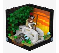BlueBrixx BrickCube Pont, 366 blocs de construction, diorama avec mini | 1 minifigure, diorama en cubes, coucher de soleil orange et jaune, cadre noir, à partir de 8 ans, 98 x 109 x 98 mm, 109943