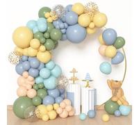 BlueCloudy Kit d’arche à ballons guirlande bleu et jaune, différentes tailles 45 30 25 12 cm, ballons vert sauge bleu brume pastel jaune crème or confettis, pour décoration d’anniversaire