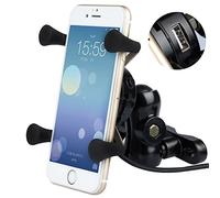 BlueFire Support de téléphone portable universel X-Grip en aluminium rotatif à 360° avec chargeur USB 5 V 2,1 A pour tous les téléphones portables GPS de 3,5" à 6"