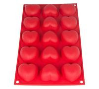 BlueFox Grand moule en silicone avec cœurs pour muffins, moule à biscuits, 15 cœurs, moule à muffins, cœur, glaçons, 29 cm x 17,5 cm x 3 cm, gâteau, muffin, chocolat, savon, couleur rouge