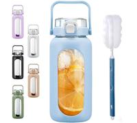 BLUEGO 2L Gourd en verre Avec paille Marqueur de temps Bouteille d'eau Motivation avec manchon en silicone 2 litres Grande carafe d'eau en Verre pour Gym, sports et entraînement, Bleu clair