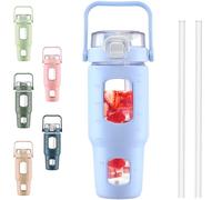 BLUEGO 960ml Gourd en verre Avec paille Marqueur de temps Bouteille d'eau Motivation avec manchon en silicone 1 litre Grande carafe d'eau en Verre pour Gym, sports et entraînement, Bleu clair