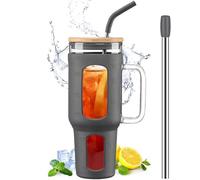 BLUEGO Gobelet en verre avec couvercle, 1400ml Tasse à café glacé avec poignée, Bouteilles d'eau avec manchon en silicone, Mug de 1,4 L avec 2 pailles, Sans BPA, Gris