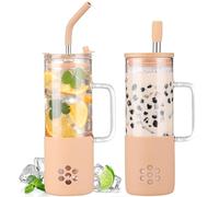 BLUEGO Gobelets en verre 600 ml avec 2 couvercles et poignée, Tasse en verre Avec pailles,Tasses à café glacé, Gobelet à jus de smoothie de 0,6 L, Tasse à thé aux perles, Ambre
