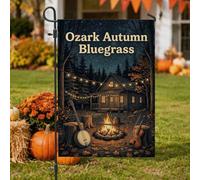 Bluegrass Music Cabin Automne Scène Drapeau de jardin 30,5 x 45,7 cm | Guirlande lumineuse, drapeau de pelouse, feu de camp, banjo, violon, paysage forestier, décoration rustique, thème musical