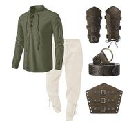 Bluelucon Chemise médiévale Viking Oufit pour homme, style Renaissance, pirate victorien, à lacets, chemise de pêche, guerrière, gothique, col montant, cosplay, haut avec genouillères, protège-bras