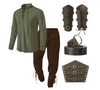 Bluelucon Chemise médiévale Viking Oufit pour homme, style Renaissance, pirate victorien, à lacets, chemise de pêche, guerrière, gothique, col montant, cosplay, haut avec genouillères, protège-bras