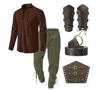 Bluelucon Chemise médiévale Viking Oufit pour homme, style Renaissance, pirate victorien, à lacets, chemise de pêche, guerrière, gothique, col montant, cosplay, haut avec genouillères, protège-bras