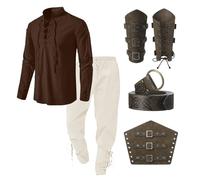 Bluelucon Chemise médiévale Viking Oufit pour homme, style Renaissance, pirate victorien, à lacets, chemise de pêche, guerrière, gothique, col montant, cosplay, haut avec genouillères, protège-bras