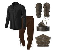Bluelucon Chemise médiévale Viking Oufit pour homme, style Renaissance, pirate victorien, à lacets, chemise de pêche, guerrière, gothique, col montant, cosplay, haut avec genouillères, protège-bras