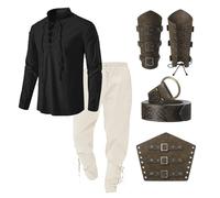 Bluelucon Chemise médiévale Viking Oufit pour homme, style Renaissance, pirate victorien, à lacets, chemise de pêche, guerrière, gothique, col montant, cosplay, haut avec genouillères, protège-bras