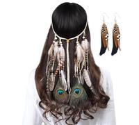 Bluelves 2 Pièces Coiffe Indienne Ensemble, Bandeau Indien Femme, Bohémien Boucles D'oreilles, Bandeau Plume Accessoire Hippie Femme, Vintage Boho Hippie Fête Carnaval Bijoux