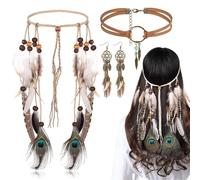 Bluelves 3 Pièces Coiffe Indienne Ensemble Collier, Boho Collier Ensemble pour Femmes, Boucles D'oreilles Attrape-Rêves, Bandeau Plume Accessoire Hippie, Vintage Boho Hippie Fête Carnaval Bijoux