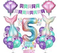 Bluelves Ballon Anniversaire Fille 5 Ans Sirene, Géant Coloré Numéro 5 Ballon, Deco Anniversaire Sirene 5 Ans avec Happy Birthday Bannière