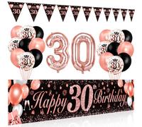 Bluelves Décoration 30 Ans Or Rose Noir, Ballons, Banderole Joyeux Anniversaire, Triangle Bannière, Toile Affiche Fond Photo pour Femme