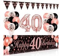 Bluelves Décoration 40 Ans Or Rose Noir, Ballons, Banderole Joyeux Anniversaire, Triangle Bannière, Toile Affiche Fond Photo pour Femme