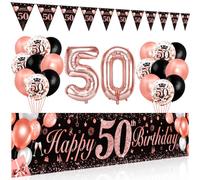 Bluelves Décoration 50 Ans Or Rose Noir, Ballons, Banderole Joyeux Anniversaire, Triangle Bannière, Toile Affiche Fond Photo pour Femme