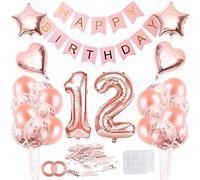 Bluelves Décoration Anniversaire 12 Ans Fille - Ballon et Bannière Rose Gold, Ballons Confettis Or Rose