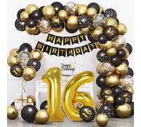 Bluelves Decoration Anniversaire 16 Ans, Noir Or 16 Décorations Anniversaire de Fête, Arche Ballon 16. Anniversaire Kit, Guirlande Happy Birthday Confetti Ballons Deco pour Femme Homme