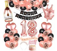 Bluelves Décoration Anniversaire 18 Ans Femme, Rose Or Noir Ballon, Banderole Joyeux Anniversaire Fille