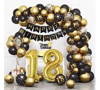 Bluelves Décoration Anniversaire 18 Ans, Kit Noir Or avec Arche Ballon, Guirlande Happy Birthday, Confetti et Ballons pour Femme Homme