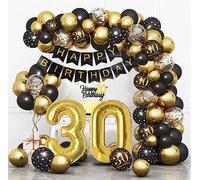 Bluelves Decoration Anniversaire 30 Ans, Noir Or 30 Décorations Anniversaire de Fête, Arche Ballon 30. Anniversaire Kit, Guirlande Happy Birthday Confetti Ballons Deco pour Femme Homme