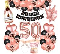Bluelves Décoration Anniversaire 50 Ans Femmes, Rose Or Noir Ballon, Banderole Joyeux Anniversaire Fille, Ballons 50 Ans