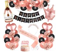 Bluelves Decoration Anniversaire Femmes, Deco Anniversaire Rose Or Noir Ballon,Banderole Joyeux Anniversaire pour 16 18 20 21 30 40 50 60 Fille Femmes Adulte