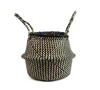 BlueMake Panier de Ventre tissé en jonc de mer pour Panier de Pot de Plante de Stockage et Panier à Linge, Pique-Nique et Panier d'épicerie (Medium, Black Strips)