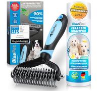 BluePet Brosse Chiens & Chats à Poil Long, Peigne Démêlage Professionnel, Pour Sous Poil et Nœuds, Étrille Démêlant pour Poils Longs (M-L + Shampoo, M-L Hunde)