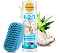 BluePet Brosse de bain en caoutchouc pour chien et chat + shampoo de chien | Brosse de bain pour chien & chat: Effet de massage, enlève poils morts & poussière. Shampoing naturel contre saleté & odeurs.