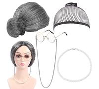 BLUESEABUY 5 Pcs Kit de Deguisement Grand Mere Vieille Dame Déguisement Accessoire avec Perruque Cap Perruque Grand Mère Lunettes Madea Granny Sangle de Chaîne de Lunettes Bijoux en Perles