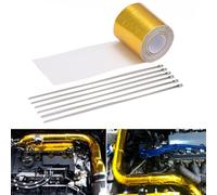 Blueshyhall Ruban Isolant Thermique, 5M x 5cm Bande Isolante Adhésive, Bande de Protection Thermique Résiste Jusqu'à 450 Degrés Celsius avec 6 Colliers Serrage pour Tuyeau de Voiture Moteur (Or)