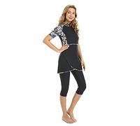 BlueSnow Modest Short Sleeve Swimsuits for Womens Bathing Suit Floral Print Swimming Suit Rash Guard Plus Size(L, Y6)