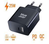BlueStar Chargeur 25W USB + USB-C PD & QC4.0 Noir - Double port compact