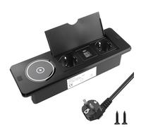 BlueXP 2 Prises de Bureau Encastrable avec Chargeur sans Fil Bloc Multiprise Encastrable avec 2 Ports USB A et 1 USB-C Surface de Charge Qi Couvercle Rabattable & Câble EU 1,8 m Prise Noir