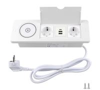 BlueXP 2 Prises Encastrable Blanc avec Chargeur sans Fil Multiprise de Table Escamotable avec 1 USB C et 2 Ports USB A Surface de Charge Qi Couvercle Rabattable & Câble 1,8 m