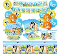 Bluey Anniversaire Vaisselle, 60 Pièces Bluey Decoration Anniversaire Kit, Vaisselle de Fête Bluey Comprend Bluey Ballons, Bannières, Assiettes, Gobelets en Papier, Serviettes, Nappes