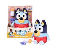 Bluey Bébé câlin et Soins, soigne, nourrit et Calme bébé, Peluche électronique de 28 cm avec 10 Sons de bébé différents, 2 Accessoires et Couche Amovible