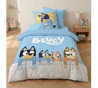Bluey Bleu Housse de Couette 140x200 + Taie 65x65 Polycoton Boutons | Parure de lit réversible 1 personne | Polycoton séchage rapide Oeko-Tex | Licence officielle | 3-8 | Cadeau | Idée cadeau