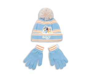Bluey Ensemble bonnet et gants à rayures bleues | Accessoires d'hiver unisexes et bingo | Essentiels sur le thème de dessin animé pour les jeux en plein air | Ensemble bonnet et moufles chauds