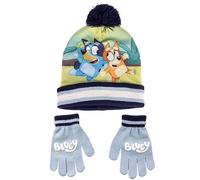 Bluey Ensemble Bonnet et Gants Bleu et Blanc - Taille Unique - Fabriqué en Acrylique et Polyester - Motif et Bingo - Produit Original Conçu en Espagne